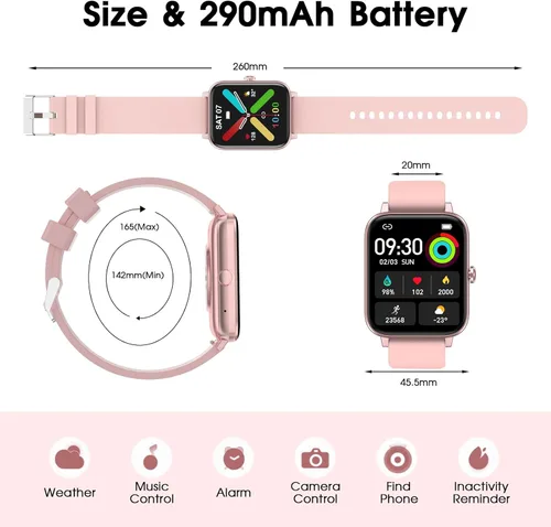 Miniatura 8 de Reloj inteligente para mujer (respuesta/hacer llamada): rastreador de fitness impermeable de 1.85 pulgadas con presión arterial de 24 horas de Rosa