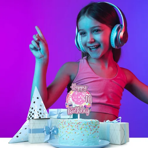 Miniatura 5 de Decoración retro de pastel de discoteca para niñas de 10 cumpleaños feliz hip hop, decoraciones de boombox, fiesta de patinaje sobre ruedas, fiesta