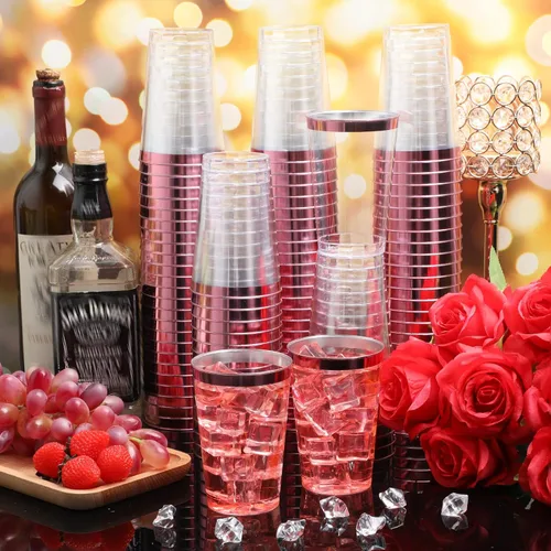 Miniatura 5 de Patelai - 100 vasos de plástico rosa de 12 onzas desechables transparentes con borde rosa, vasos de cóctel de vino para boda, cumpleaños, despedida