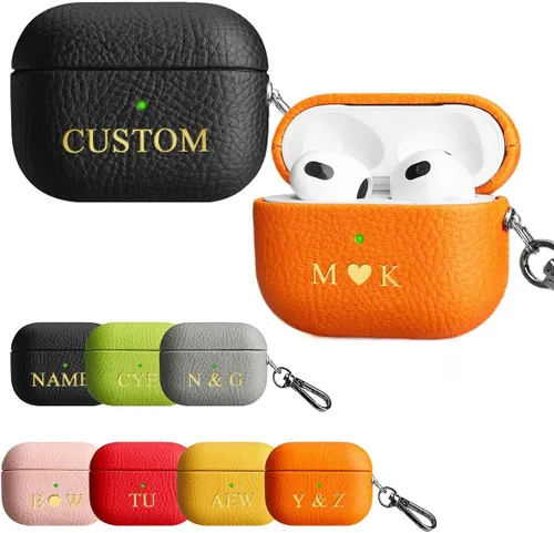 Funda personalizada con nombre para AirPods Pro, añade tus propias iniciales personalizadas, monograma, funda de lujo de cuero vegano para Air Pods