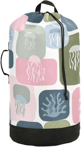 Miniatura 19 de Mochila de lavandería con hojas de estilo bohemio beige con correas ajustables para el hombro, bolsa de lavandería sucia para viajes, campamento