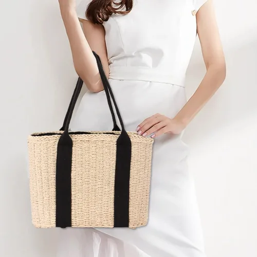 Miniatura 6 de Ynport Bolso grande de paja para mujer, asas de playa de verano, tejido a mano, bolso de hombro Hobo para viajes de compras