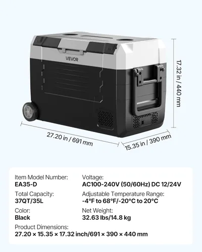 Miniatura 7 de VEVOR Refrigerador de automóvil, DC 12/24V AC100-240V, enfriador eléctrico de -4 °F a 68 °F con control de aplicación, ruedas y zona doble