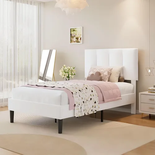 Miniatura 3 de VECELO - Base de cama tamaño individual con cabecera tapizada, plataforma con soporte de listones de madera de alta resistencia, no necesita somier