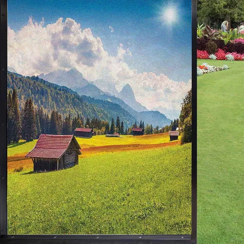 Miniatura 8 de Película escénica de verano para ventana, película de privacidad para ventana, prado floral silvestre en montañas alpinas, puesta de sol, Color 1