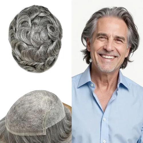 Toupee - Sistemas de reemplazo de cabello para hombre, encaje frontal suizo, nudo blanqueado, pieza de cabello humano natural (1B65# negro con 65%