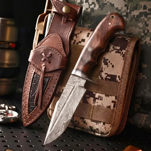 Miniatura 11 de BIGCAT ROAR Beast Hunter - Cuchillo de caza de hoja fija de acero de Damasco hecho a mano de 10" - Mango de madera de nogal y funda de cuero