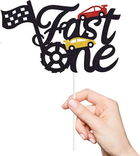Miniatura 5 de Fast One - Decoración para pastel de primer cumpleaños, decoración de pastel de carreras con purpurina y temática de bandera a cuadros, suministros