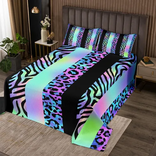 Miniatura 5 de Juego de colcha con lazo para niños, tamaño individual, diseño de cebra y leopardo con purpurina, decoración de habitación para niñas y mujeres