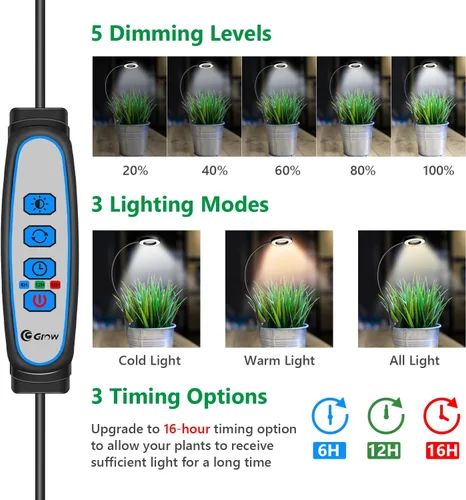 Miniatura 3 de Luz de cultivo con clip, luces de plantas de halo de 6000 K para cultivar plantas pequeñas, lámpara LED de espectro completo con temporizador