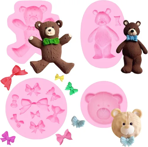 Moldes de silicona de oso de chocolate, 4 piezas, moldes de silicona para osos de pasteles, moños para pasteles, decoración de pasteles, dulces,