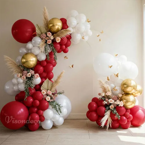 Miniatura 7 de Kit de arco de globos rojos y blancos, doble relleno blanco perla, borgoña, granate, rojo oscuro, juego de arco de globos para graduación 2026, San
