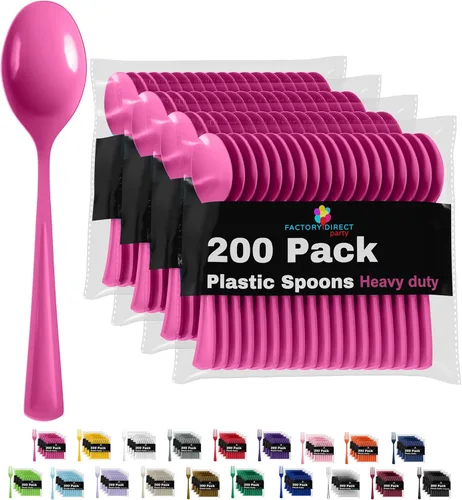 Party Solids Cucharas Desechables de Plástico Rosa Intenso 200 Piezas - Cubiertos Desechables de Plástico Rosa Intenso de Servicio Pesado Cerise