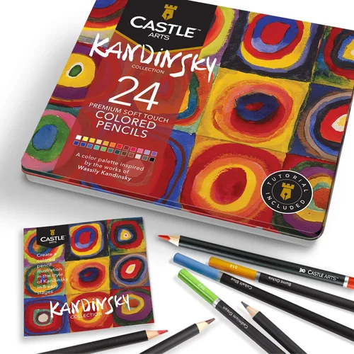 Castle Arts - Juego de 24 lápices de colores en caja de lata, colores inspirados en 'Kandinsky' perfectos. Con núcleos de colores lisos de calidad,