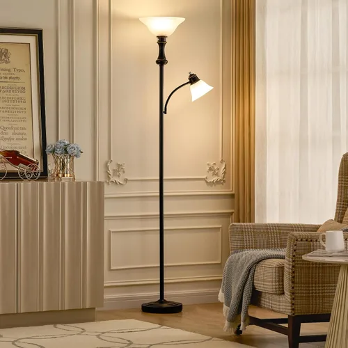 Miniatura 8 de Lámpara de pie Torchiere de 71 pulgadas para dormitorio con pantalla de cristal, lámparas de pie altas para sala de estar con luz de lectura de arco