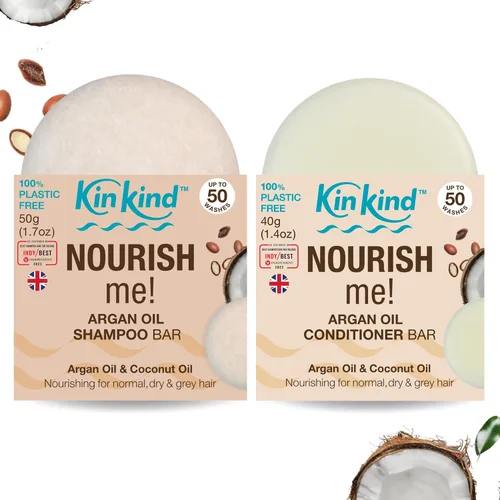 KinKind NOURISH me! Set de barra de champú y acondicionador | Barras de champú y acondicionador de aceite de argán y aceite de coco para hidratación