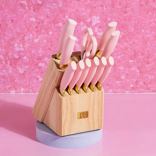 Miniatura 6 de Paris Hilton Juego de 12 cuchillos con bloque, cuchillería de acero inoxidable de alto carbono, cuchillas de precisión y mangos ergonómicos, rosa