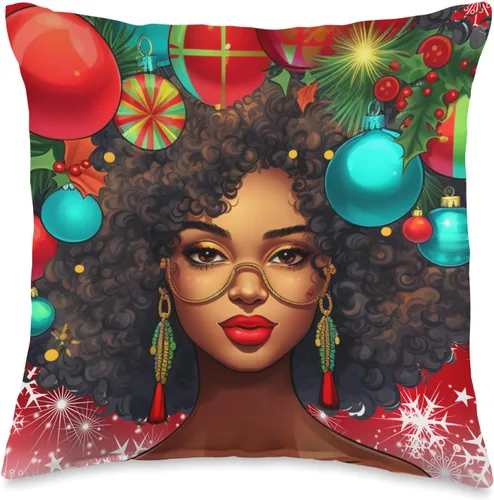 Black women Christmas ornament melanin curly hair Melanin Christmas Queen Xmas Black Girl Magic Ornament - Almohada de 16 x 16 pulgadas, multicolor