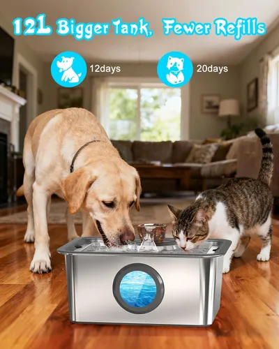 Miniatura 5 de Fuente de agua para perros grandes, fuente de agua para mascotas de acero inoxidable 304 de 12 litros con 5 filtros y 2 bombas de agua