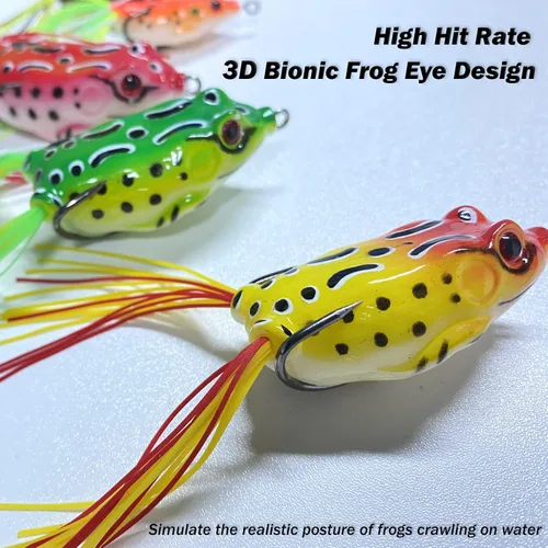 Miniatura 6 de Señuelo de rana Topwater, kit de señuelos de pesca para trucha, señuelos de rana realistas con ganchos sin hierbas, cebo flotante suave para agua