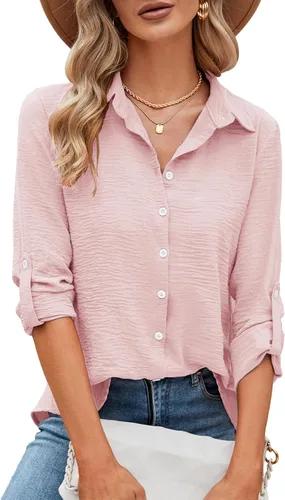 Miniatura 67 de Odosalii - Camisas con botones para mujer, con cuello en V, manga larga, enrolladas, blusas elegantes y formales para negocios y ocasiones casuales