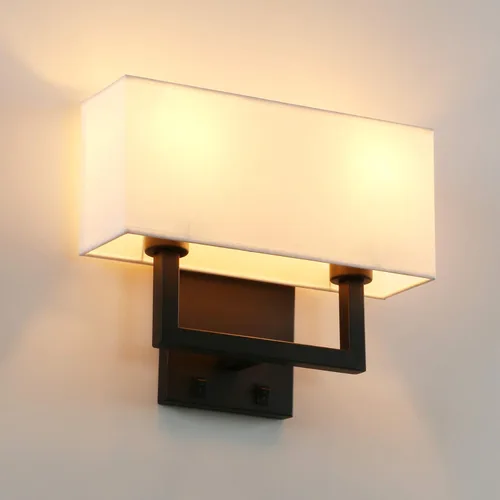 PERMO Apliques de pared con acabado negro, doble aplique con pantallas textiles blancas y botón de encendido/apagado, lámpara de pared para sala de