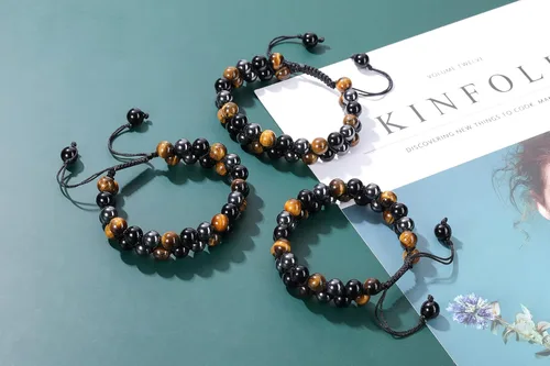 Miniatura 3 de Jovivi Pulsera de piedra de cristal de ojo de tigre de obsidiana negra de 0.315in0.394in para hombre, pulsera de piedra de lava con cuentas de roca