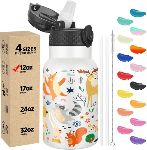 Miniatura 30 de Han's Bottle - Botella de agua para niños con tapa con pajilla - Vaso reutilizable de acero inoxidable aislado para niñas, niños, taza termo, 17