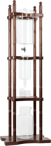 Nispira - Cafetera de goteo de café frío con torre, para café helado, con soporte de vidrio y madera, 25 tazas Marrón oscuro