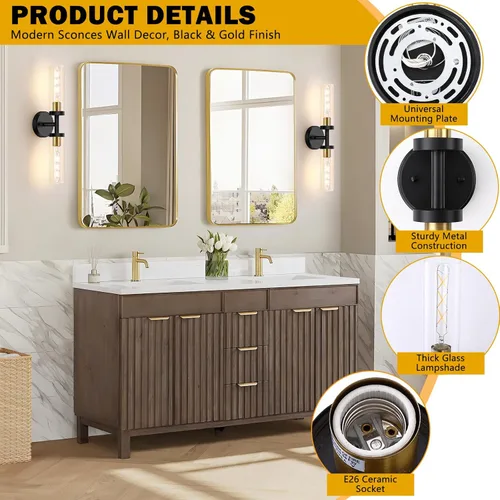 Miniatura 3 de Baocuz Lámparas de baño de 2 luces sobre espejo, luces de tocador negras y doradas para baño, apliques modernos con vidrio transparente para baño