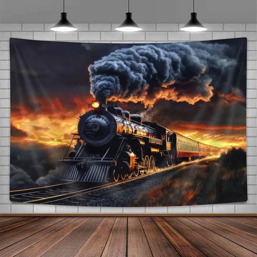 Miniatura 8 de Tapiz de Tren de Vapor, Tapices de Paisaje Otoñal de Tren de Motor Antiguo Decoración para Niños, Tapices de Arte de Acuarela de Bosque de Montaña