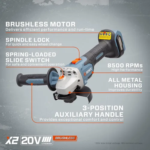 SENIX PAX2125-M2-0 X2 - Herramienta de amoladora angular sin escobillas de 5 pulgadas, 8500 RPM máximo, mango auxiliar de 3 posiciones, interruptor