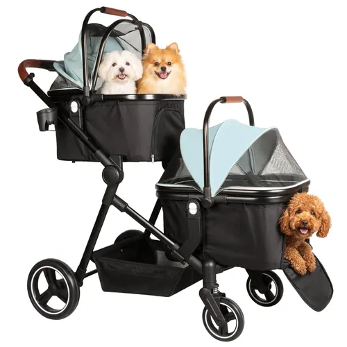 Miniatura 9 de Carriola doble plegable para mascotas para 2 gatos y perros pequeños y medianos, carriola integrada ligera para mascotas, individual y doble