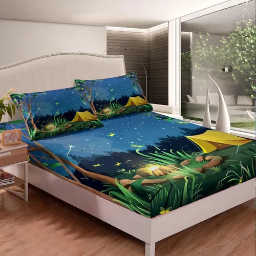 Miniatura 2 de Manfei Sábana bajera ajustable para cámper, tamaño individual, funda de cama de campamento Night Happy con 1 funda de almohada, juego de ropa