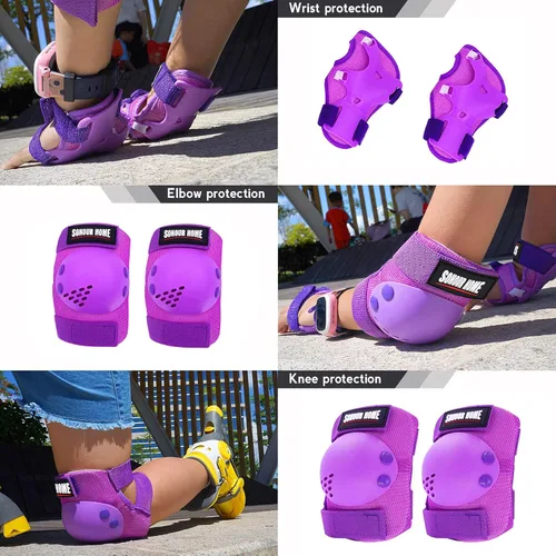Miniatura 3 de rodilleras para niños/adolescentes, coderas, protectores de muñeca, juego de protección 3 en 1, para niños de 3 a 15 años, patines, ciclismo, Púrpura