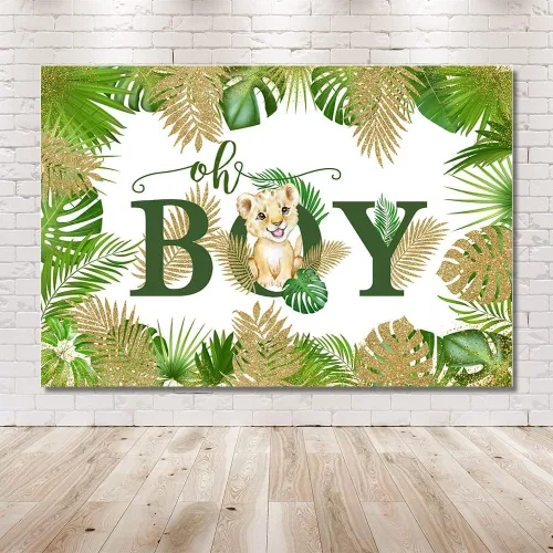 Miniatura 6 de MEHOFOND Cartel de fondo de baby shower con temática de safari en la selva de 7 x 5 pies, Oh Boy, animales del bosque, vegetación, fondo de león