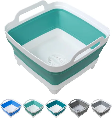Miniatura 11 de Tiawudi Barreño para lavar platos, lavabo de 2.4 galones/9L con asas de transporte de tapón de drenaje, cubo plegable para limpieza, fregadero