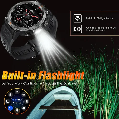 Miniatura 2 de EIGIIS Reloj inteligente militar para hombre, táctico, resistente, con linterna de llamada Bluetooth, pantalla grande de 1.45 pulgadas, monitor