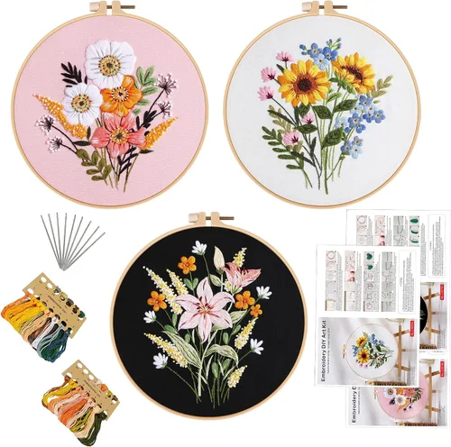 Miniatura 24 de Kit de bordado para principiantes, kits de punto de cruz para adultos, manualidades, 3 piezas, patrón de bordado, hilo de bordado de tela y agujas