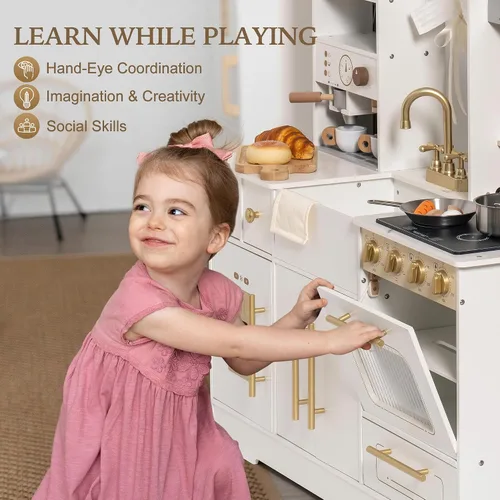 Miniatura 7 de ROBOTIME Cocina de juego de simulación para niños, cocina de juguete de madera con máquina de hielo, máquina de café, horno y accesorios - Divertido