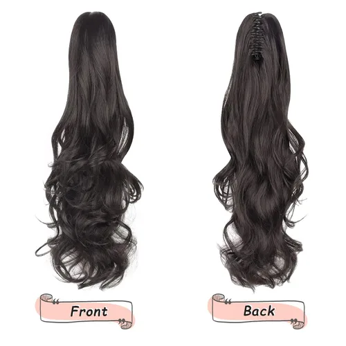 Miniatura 7 de Extensión de cabello negro con cola de caballo de 22 pulgadas de largo, rizado, ondulado, peluca sintética con clip, peluca de cola de caballo