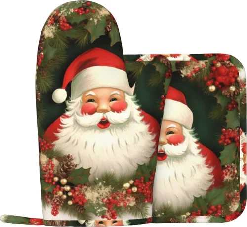 Juego de manoplas de horno y soportes para ollas de Navidad con corona de Papá Noel, resistentes al calor, de silicona, para cocinar, guantes de