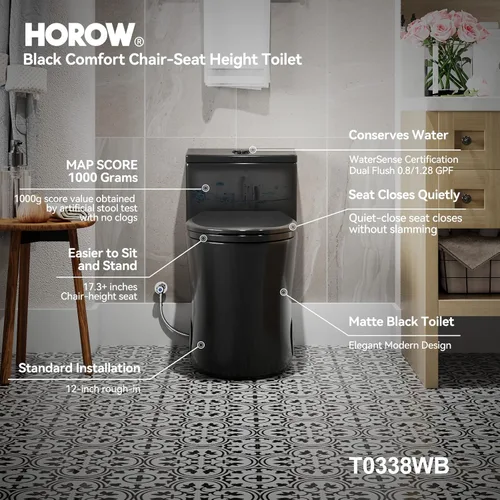 Miniatura 3 de HOROW T0338WB Inodoro Alargado de Una Pieza Negro, Inodoro Compacto Moderno con Altura de Asiento Cómoda, Altura de Silla ADA 17.3", Descarga Doble
