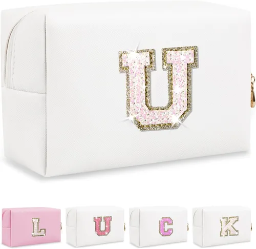 Miniatura 9 de Bolsa de maquillaje con parche de letra inicial personalizada, bolsa de cosméticos de chenilla preppy con letra de chenilla con cremallera, Y