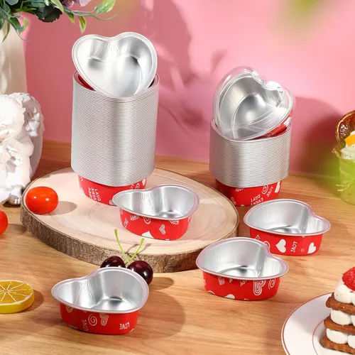 Miniatura 4 de Domensi Juego de 100 moldes de papel de aluminio en forma de corazón, mini tazas para cupcakes con tapas, molde para flan, desechables, para el día