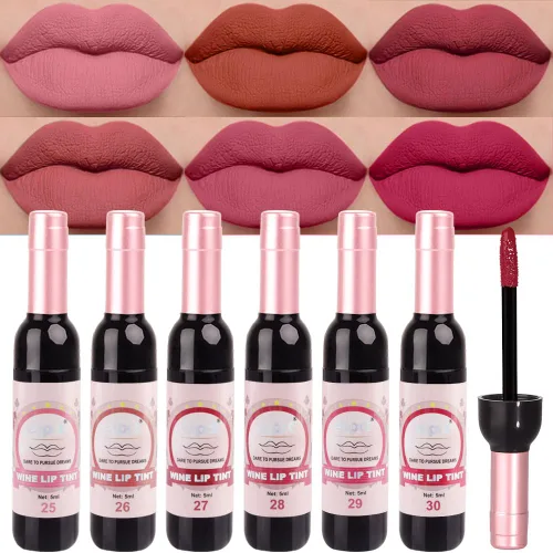 evpct Tinte de Labios Mancha de Vino Juego de 6 Colores de Larga Duración Impermeable, Rosa cálido neutro Marrón nude Arándano profundo Malva rosa