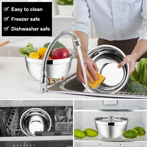 Miniatura 6 de E-far Tazones para mezclar con tapas, juego de 6 piezas de tazones para ensalada de acero inoxidable, tazones de metal anidables para hornear, Negro