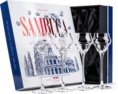 GLASSIQUE CADEAU Crystal Sambuca, Cordial, vasos digestivos con tallo largo para beber bebidas después de la cena, juego de 4, cristalería de licor