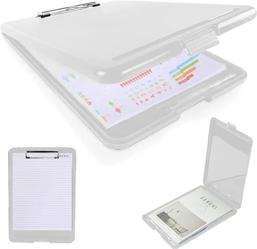 SAYEEC Caja de almacenamiento de portapapeles A4, soporte de papel de plástico portátil con clip para placas, organizador de archivos multifuncional