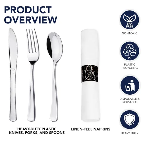 Miniatura 3 de Party Essentials Party Supplies - Juego de cubiertos envueltos desechables, servilletas y cubiertos preenrollados, cucharas, tenedores, cuchillos